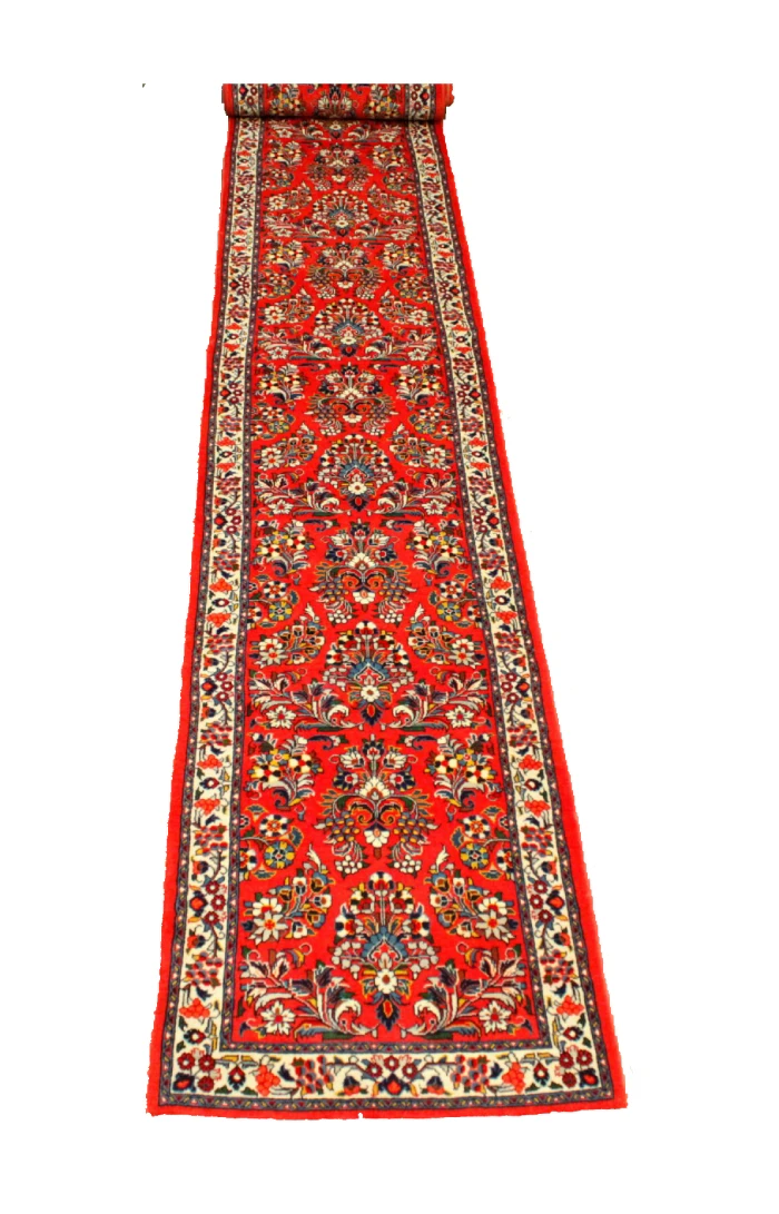 Handmade red Persian Sarouk runner rug